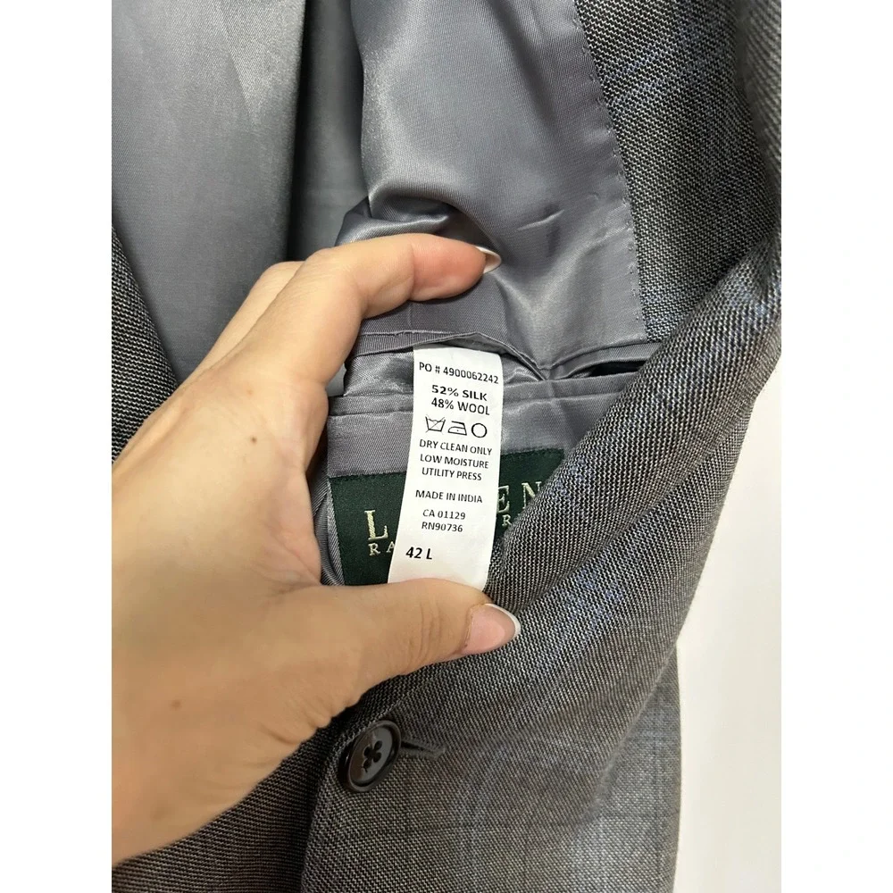 LAUREN Ralph Lauren Mens 42L Gray Blue Plaid Windowpane Wool Silk Blazer‎ Jacket